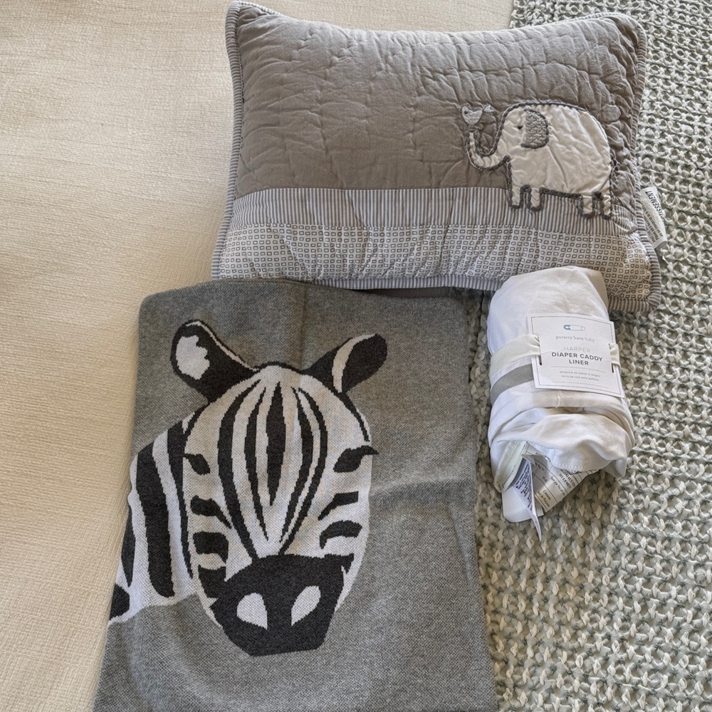Pottery Barn Kids pillows and diaper caddy cover, New
